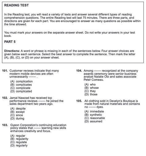 ข้อสอบ TOEIC Reading Incomplete Sentences