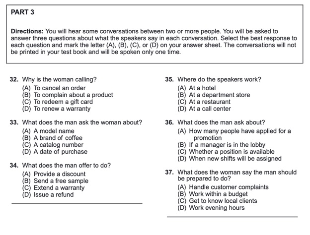 ตัวอย่างข้อสอบ TOEIC Listening Short Conversations