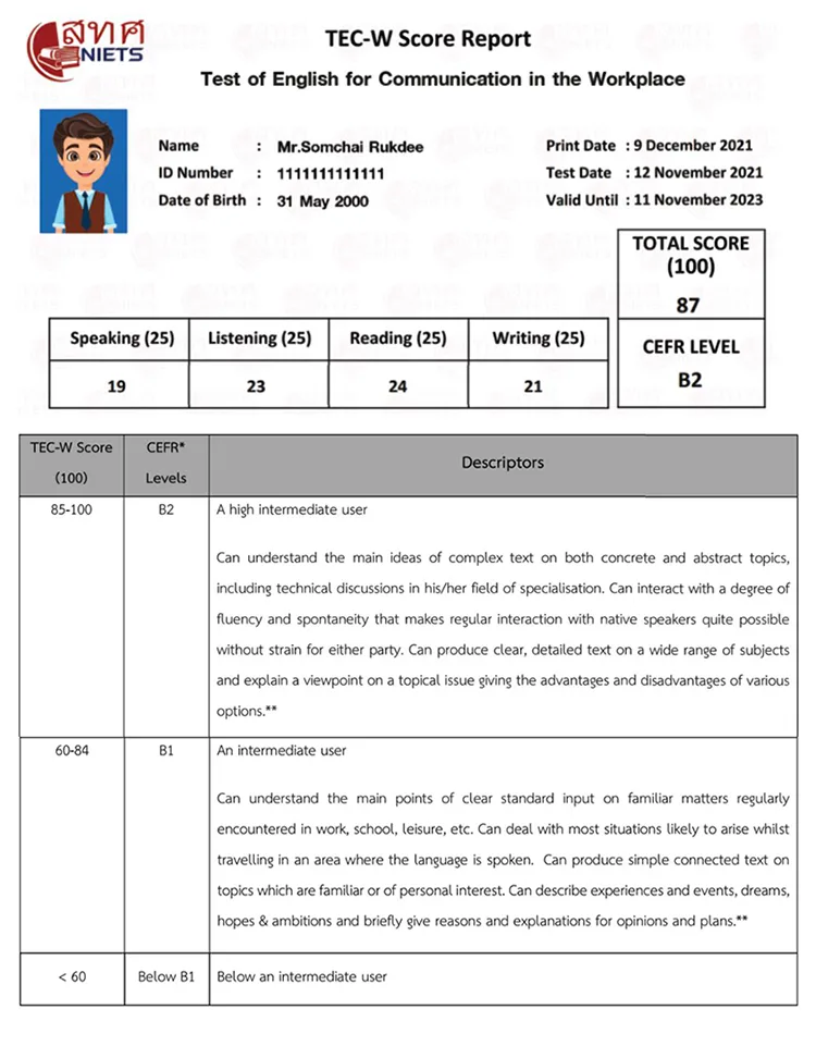 ตัวอย่าง ใบคะแนน TEC-W