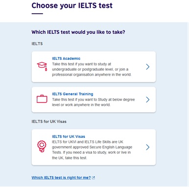 เลือกประเภทข้อสอบอีกครั้ง ซึ่งในที่นี้เราจะเน้นไปที่การสมัครสอบ IELTS Academic